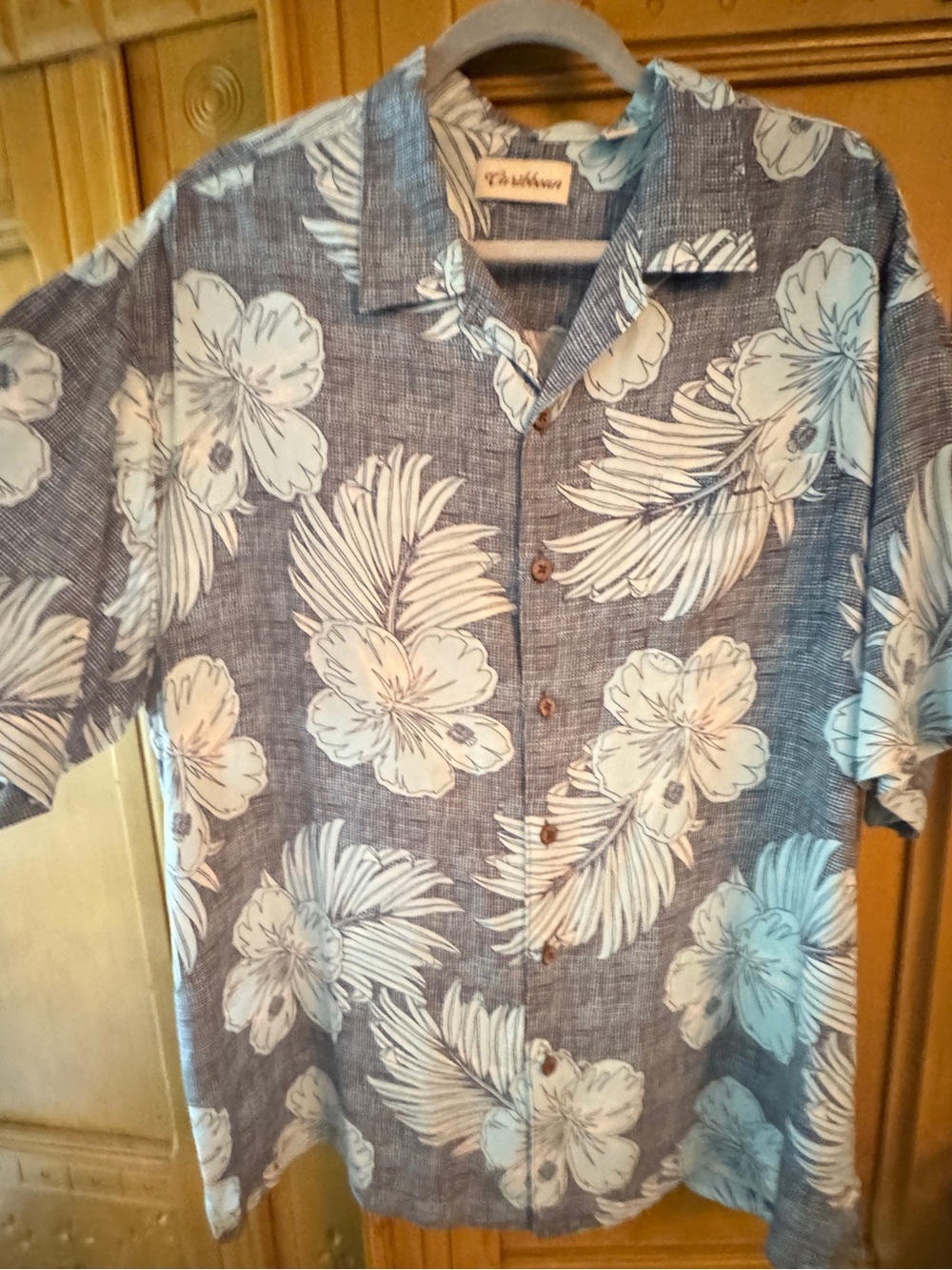 Caribbean Aloha Hawaiian Shirt Mens XLT Blue Hibiscus Floral Tropical Button Up